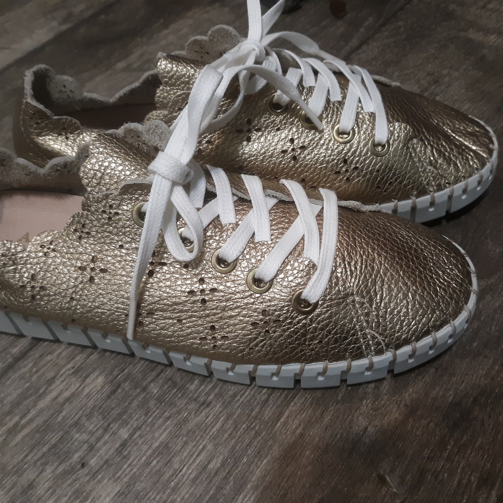 Anthropologie christina perforated metallic leather sneakers gold spain 37